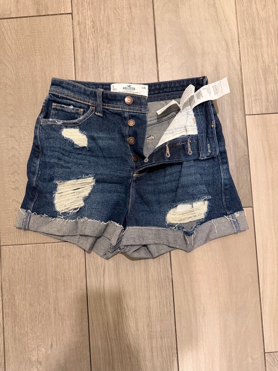 Hollister Pants - Hollister Dark Blue Distressed High-Rise Denim Shorts